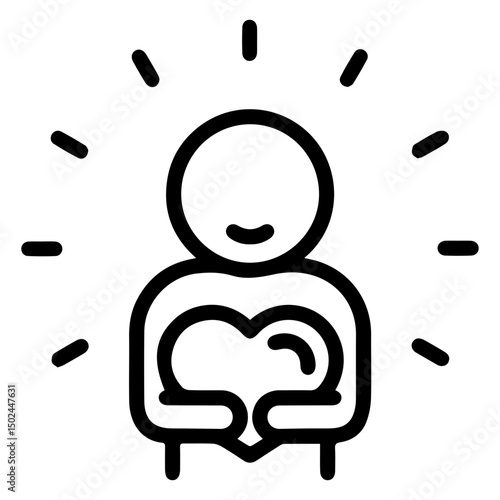 A person hugging a heart symbol with both arms (outline style). Represents self-care, self-love, and the act of embracing one's own well-being or offering deep comfort and emotional support