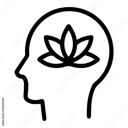 Head contains a lotus flower (outline style). Signifies a calm and peaceful state of mind, representing serenity, spiritual enlightenment, and a deep sense of inner peace. Often associated with purity