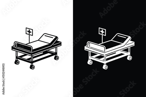 Healthcare Bed Silhouette. Emergency, Clinic, and Patient Bed Black & White Vector Design