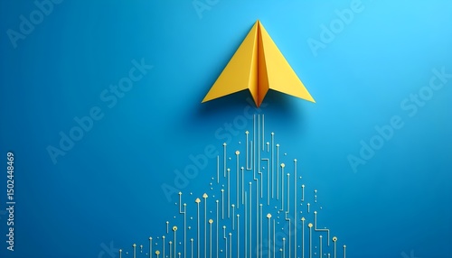 Yellow paper airplane flying diagonally upward on solid blue background representing business growth and innovation