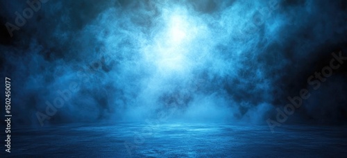 Blue smoky background with bright light source and reflective floor