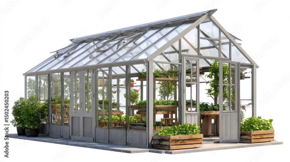 Fototapeta premium Elegant grey glass greenhouse with wooden features, filled with various plants