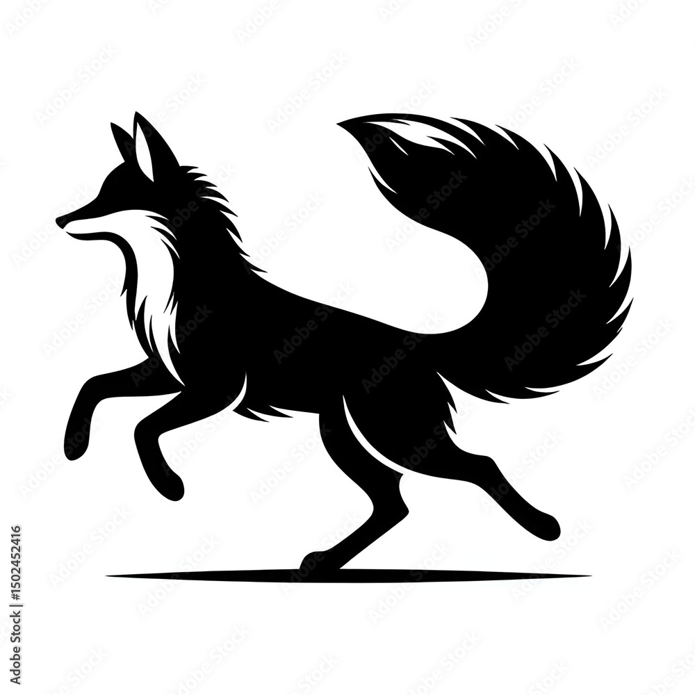Fototapeta premium Silhouette of a Running Fox with Long Tail in Motion on White Background