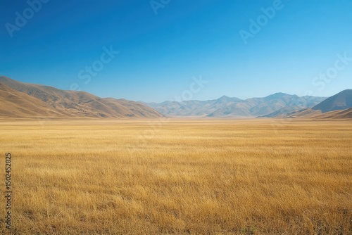 Vast golden plain stretches beneath a vibrant blue sky, framed by distant mountains