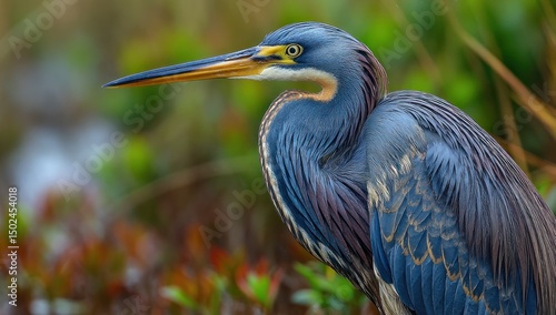 Striking portrait of a tricolored heron against blurred natural backdrop