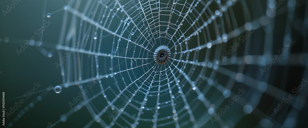 Fototapeta premium Spider web with dews in a blurred forest background