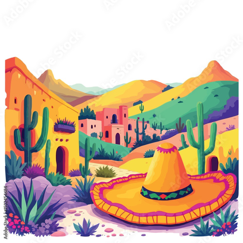 Vsai sombrero lying on the ground near a mexican village in the desert