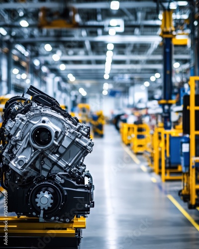 Automotive engine on a workbench in a modern manufacturing facility