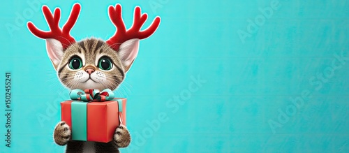 A cute kitten wearing reindeer antlers holds a red gift box against a blue background