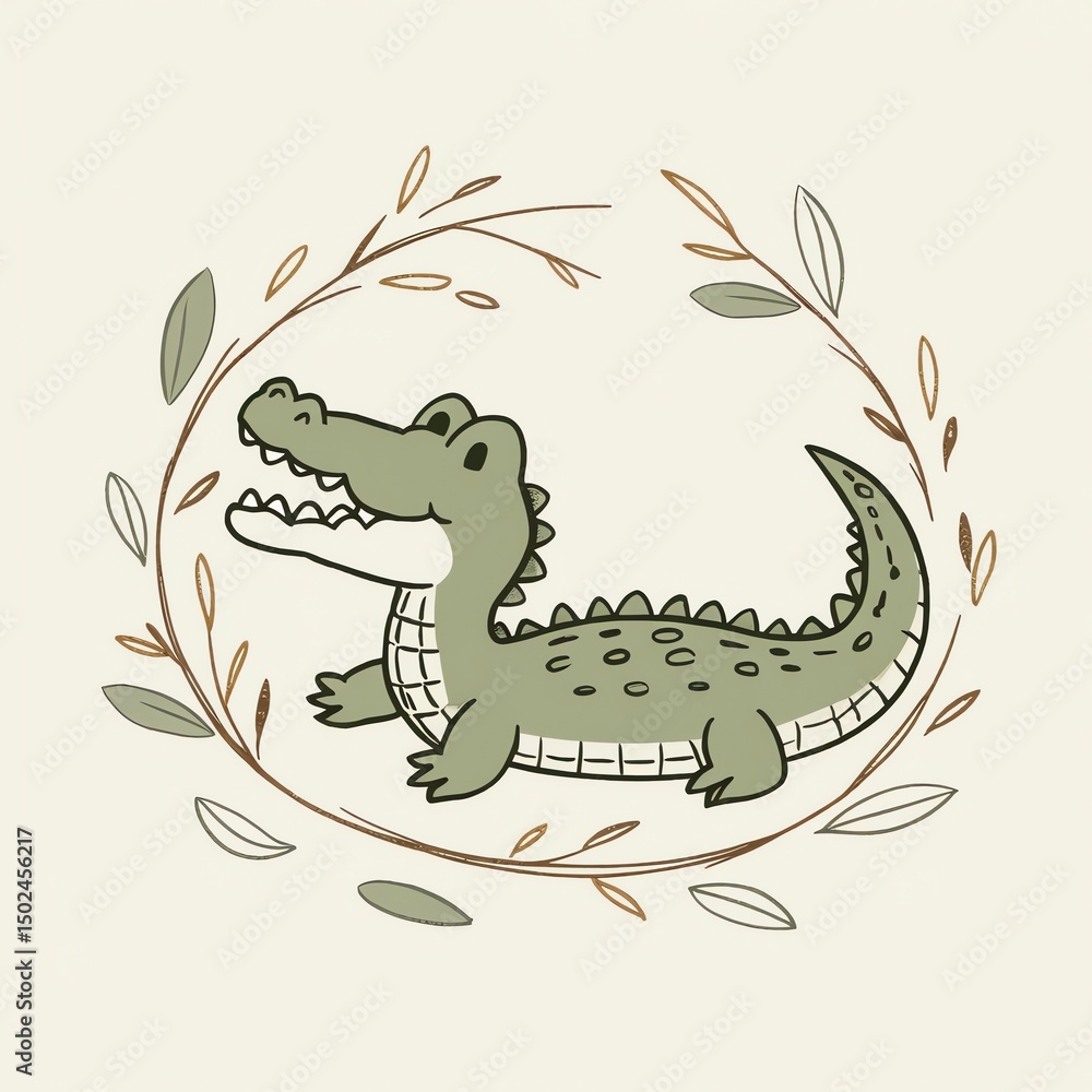 Fototapeta premium Adorable Crocodile Illustration in a Floral Frame