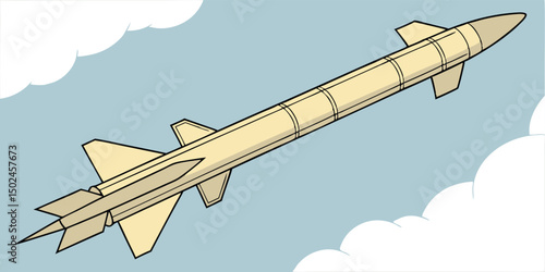Cartoon illustration of a rocket missile flying through the sky with cloud elements
