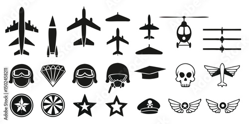 Collection of silhouetted aircraft and emblem icons in a scalable vector eps 10 format