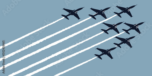 Formation of jet aerobatic airplanes silhouetted against a light blue background
