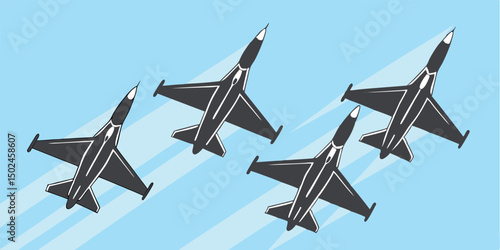 Four stylized jet fighters flying in formation against a blue sky background