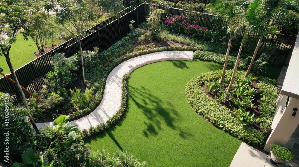 Lush green lawn, curving path, tropical plants, modern landscaping design