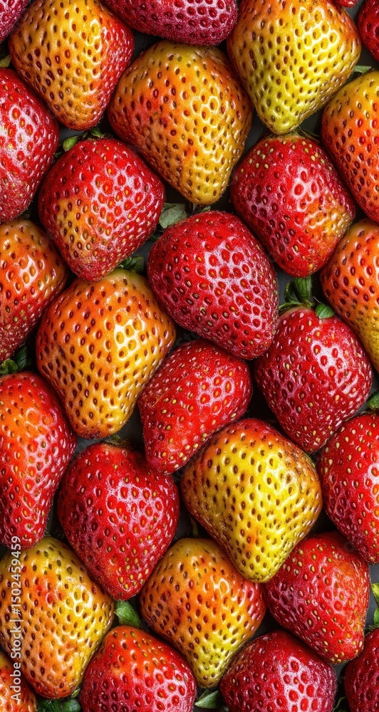 Close-up view of many fresh strawberries in varying shades of red and yellow, tightly packed Close-up view of many fresh strawberries in varying shades of red and yellow, tightly packed
