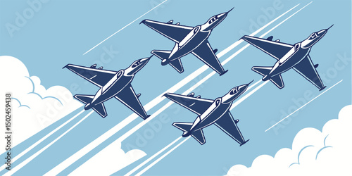 Illustration of jet fighters flying in formation against a blue sky background