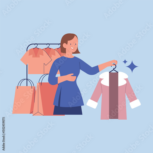 Woman shopping for clothes in a retail store illustration in isolated background