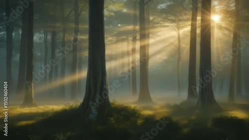 Morning Sun Rays Through Mystical Forest Landscape