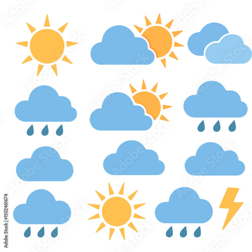 A Comprehensive Weather Icons Set Designed for Various Conditions and Forecasts Available