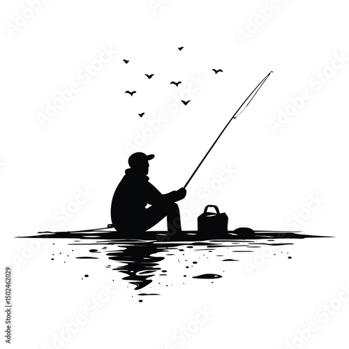 A person ice fishing on a frozen lake black silhouette