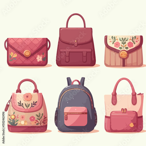 Vector collection of women's bags: clutch, tote bag, backpack, and sling bag.