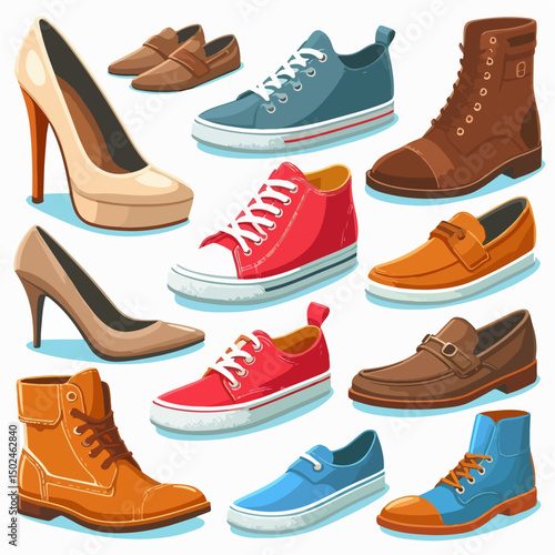 Vector design of various types of shoes: high heels, sneakers, boots, and loafers.
