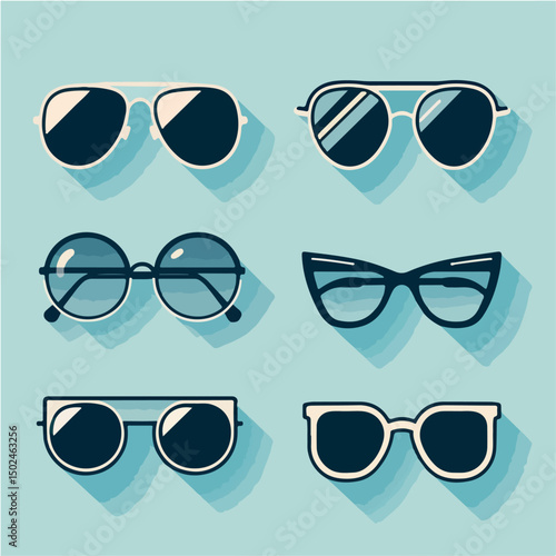 Vector image of sunglasses in various shapes: aviator, round, cat eye, and square.