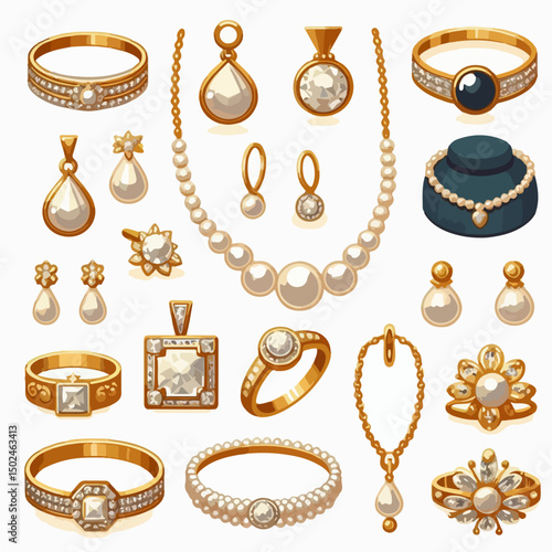 Various jewelry in vector: diamond rings, earrings, pearl necklaces, and gold bracelets.