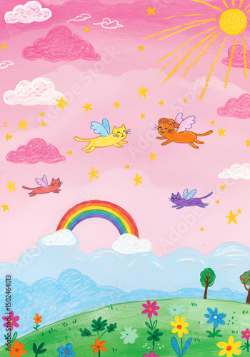 Cats with wings fly in a pastel sky