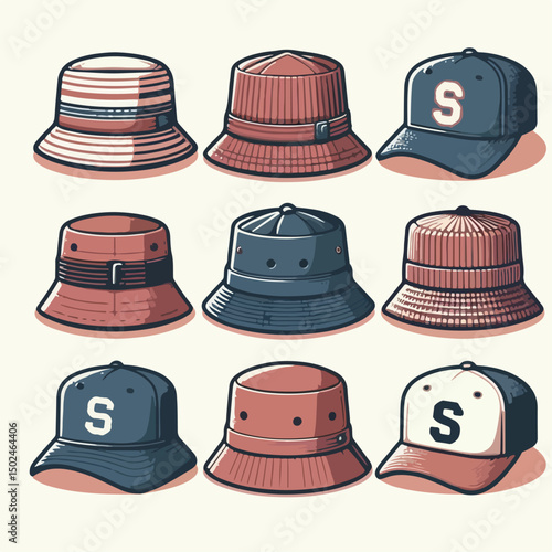 Fashion hat vector set: fedora, beanie, bucket hat, and baseball cap.