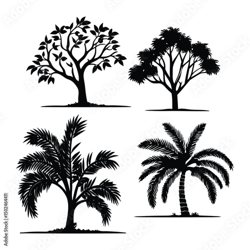 Collection of bare winter tree silhouettes with branches, Tropical beach nature vector illustration, perfect for nature and forest landscape designs, with black palm tree silhouettes