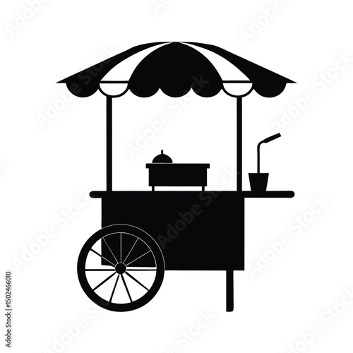 Black and white illustration of a vintage food cart with umbrella for street food vendors.