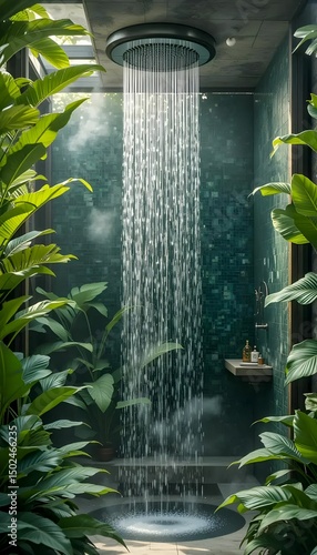 Peaceful outdoor shower space with lush green tropical plants and a clean tiled wall 