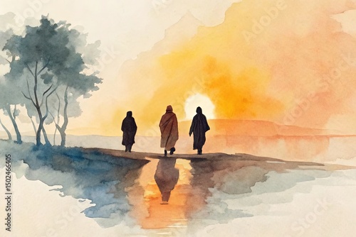 Watercolor painting of the Road to Emmaus with Christ and two companions