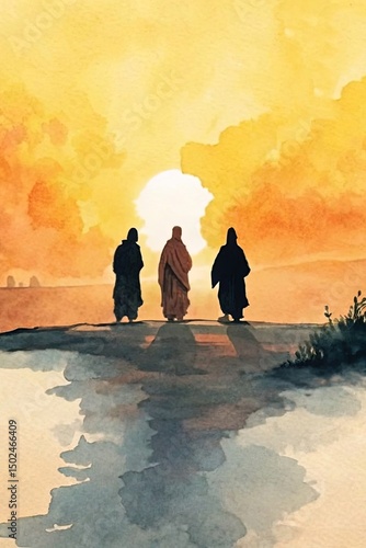 Watercolor painting of the Road to Emmaus with Christ and two companions