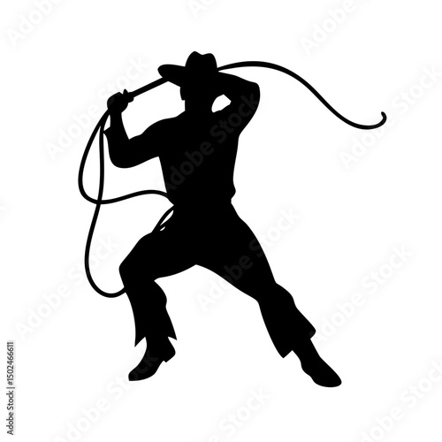 Cowboy Lasso Silhouette Vector Illustration, Rodeo Cowboy Swinging Lasso

