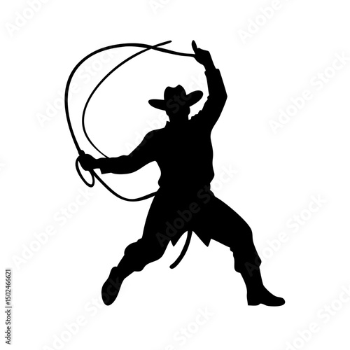 Cowboy Lasso Silhouette Vector Illustration, Rodeo Cowboy Swinging Lasso


