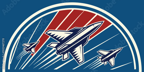 Vintage style illustration of fighter jets in flight against blue sky