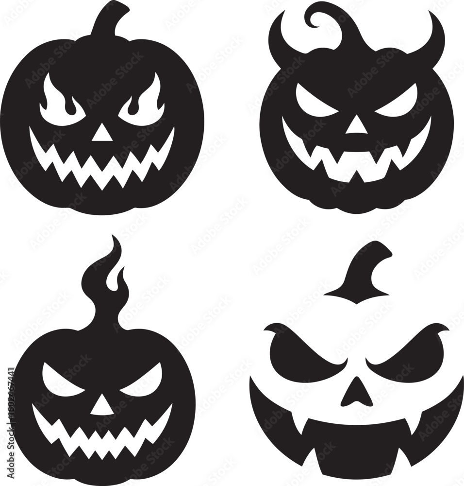 Spooky Halloween pumpkin face bundle with evil expression in flat black silhouette vector illustration set Spooky Halloween pumpkin face bundle with evil expression in flat black silhouette vector illustration set