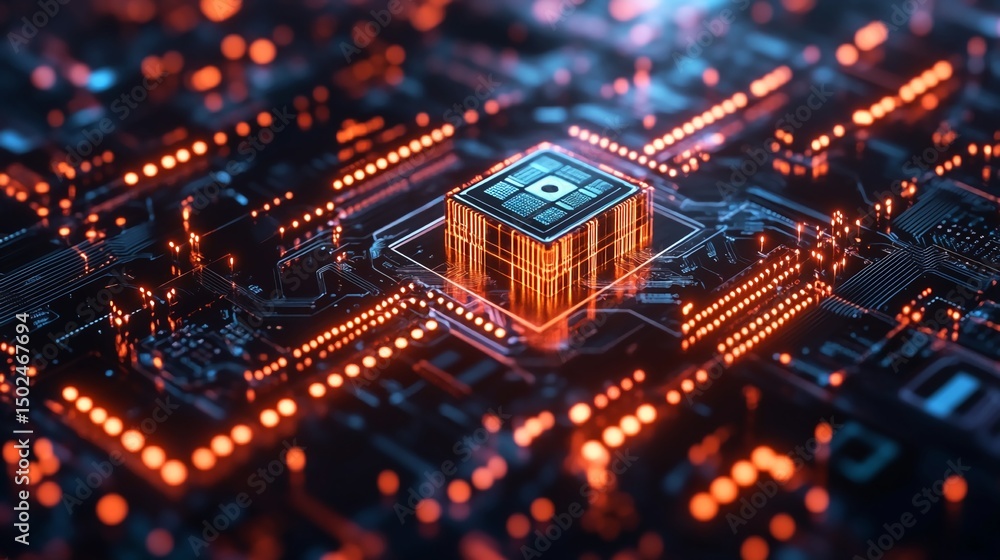 Obraz premium Glowing Microchip Marvel High Tech Innovation Advanced Computing Technology Artificial Intelligence Motherboard