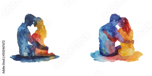 abstract color silhouette of couple snuggling watercolor vector illustration