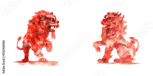 abstract red silhouette of lion dance watercolor vector illustration