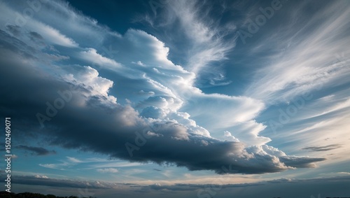 A picturesque view of a cloudy sky with dramatic clouds formations and a soft blue hue in the background