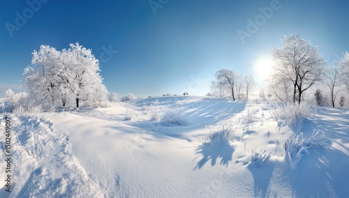 Wallpaper Mural A panoramic view of a snow-covered field with frosted trees under a bright blue sky Torontodigital.ca