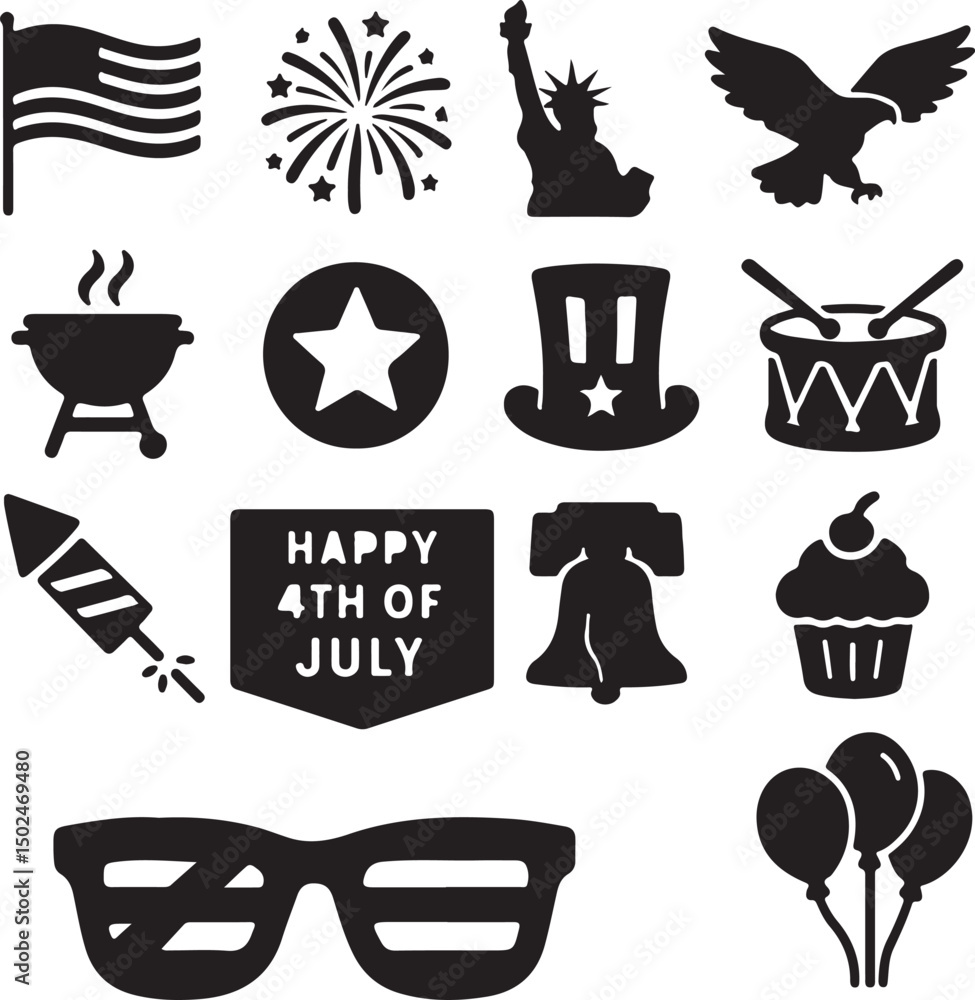 Fototapeta premium A bold collection of 20 black Independence Day silhouette icons, including flags, fireworks, and patriotic symbols. Ideal for July 4th graphics, celebrations, and digital art.