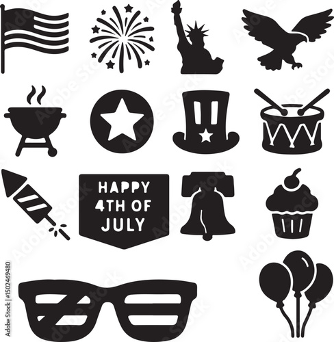 A bold collection of 20 black Independence Day silhouette icons, including flags, fireworks, and patriotic symbols. Ideal for July 4th graphics, celebrations, and digital art.