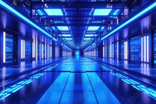 A futuristic corridor with blue neon lights  a glossy floor  and rows of server panels on either side