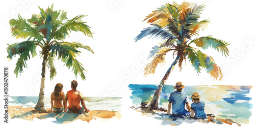 couple enjoying seascape under the coconut tree watercolor vector illustration