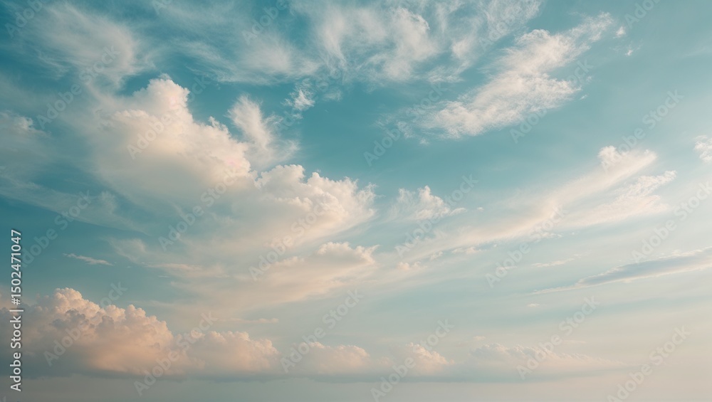 Obraz premium View of the sky filled with soft white clouds against a blue backdrop on a bright sunny day light